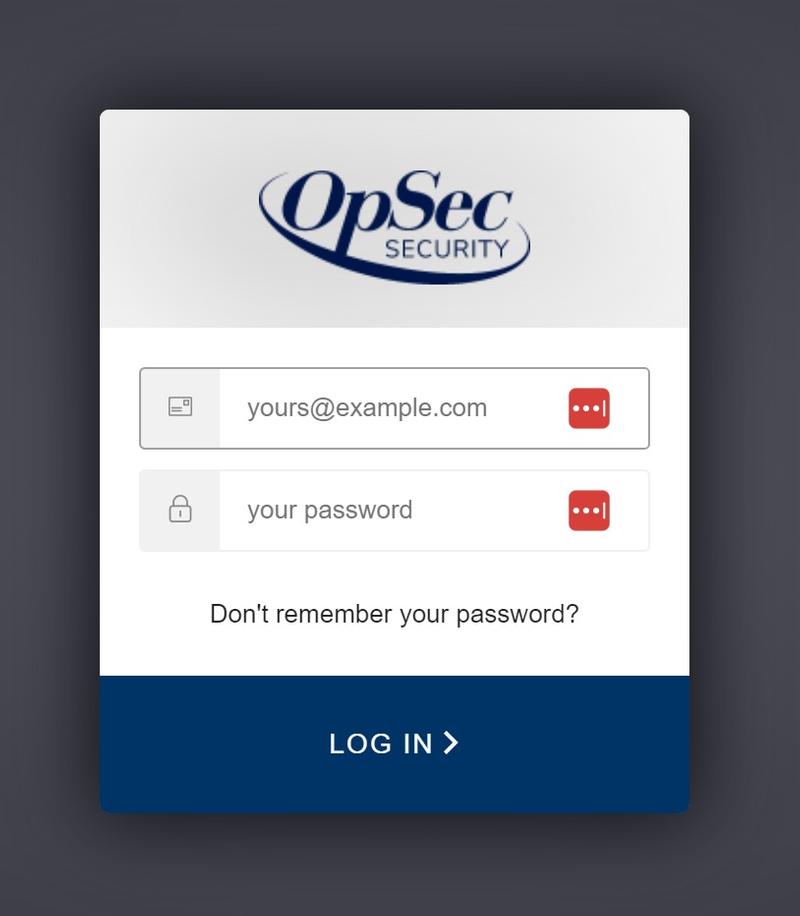 Navy blue and grey OpSec Security log-in screen with fields for username and password. 